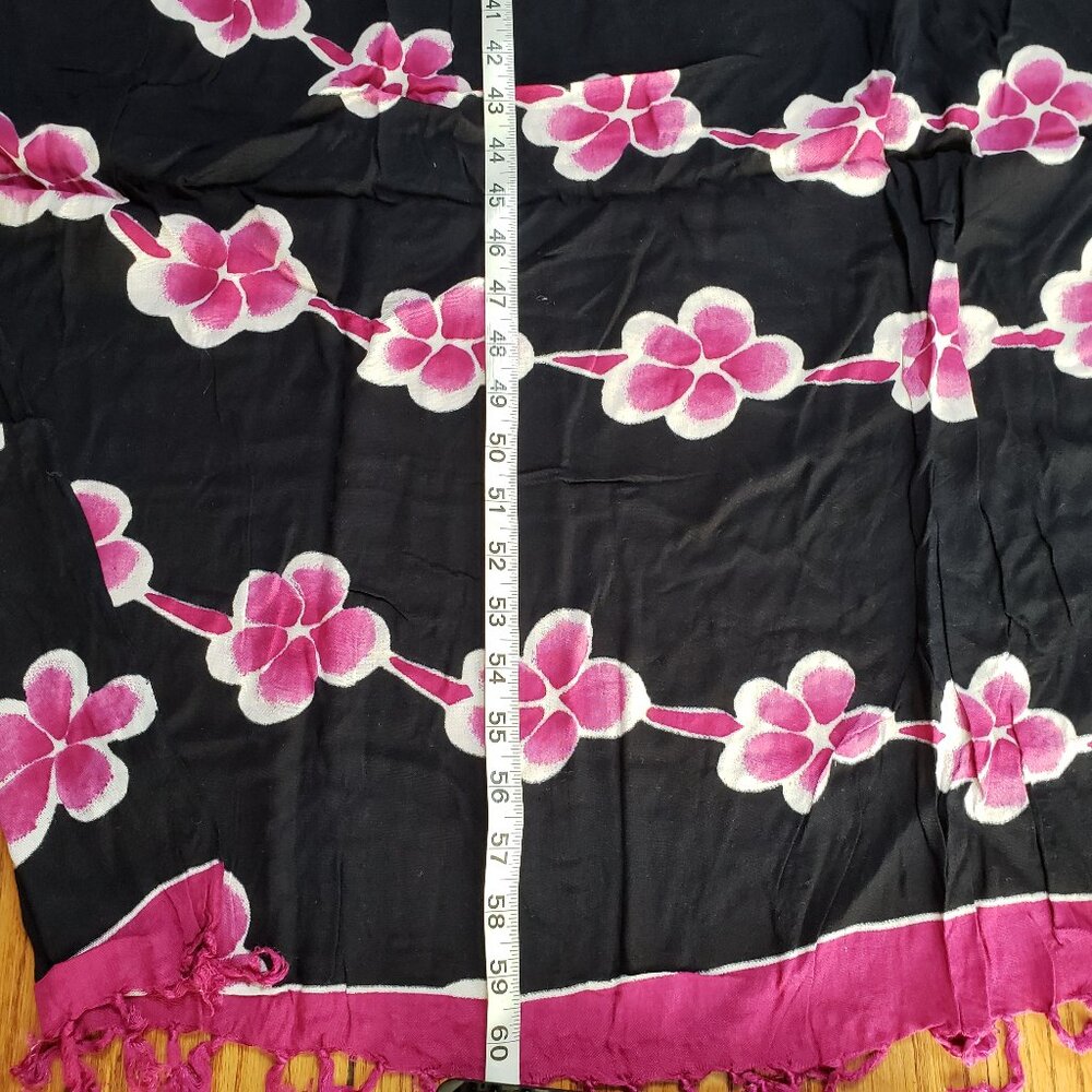 Hawaiian Floral Fringe Sarong Pareo Swim Cover Up wrap Black - Picture 4 of 6
